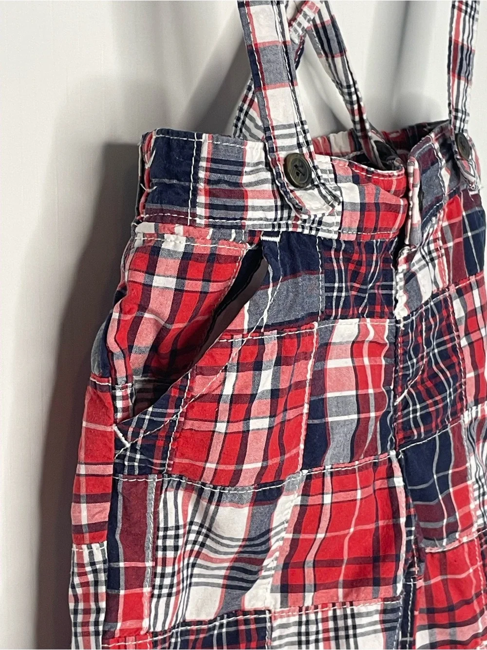 Gymboree Patchwork Madras Plaid Suspender Shorts Red White Blue 18-24 Months